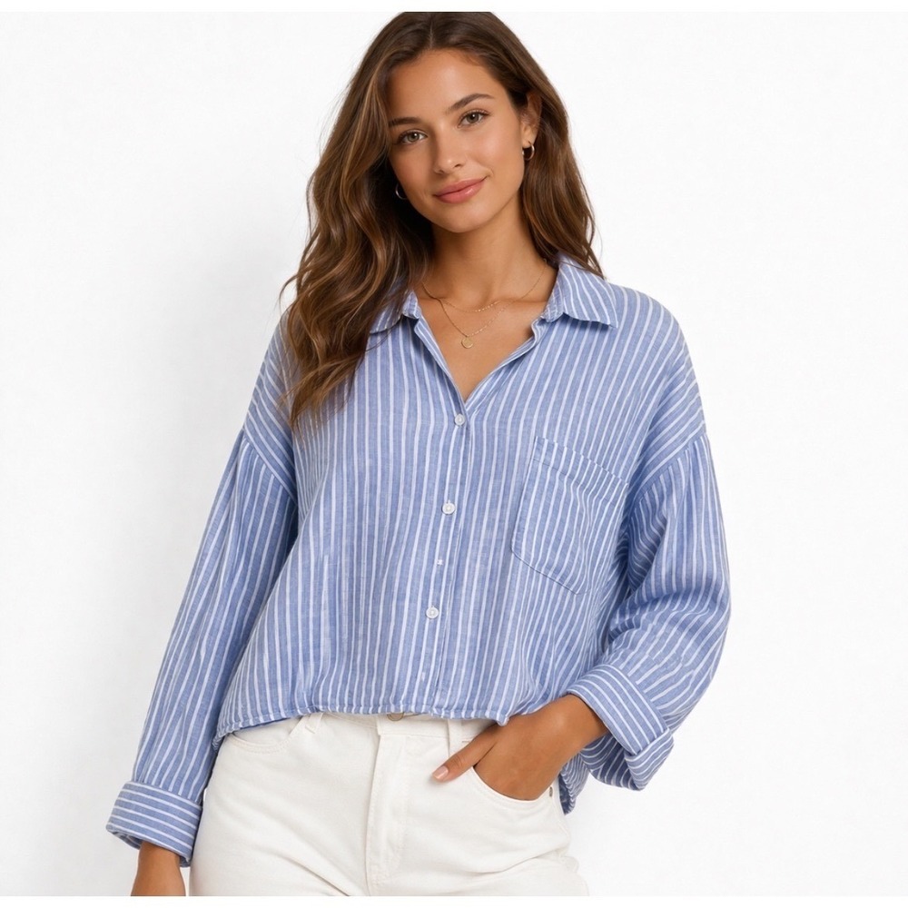 CALLIGRAPHIE‎ 100% Linen Women's Blue Striped Button Down Shirt XL Boxy Relaxed